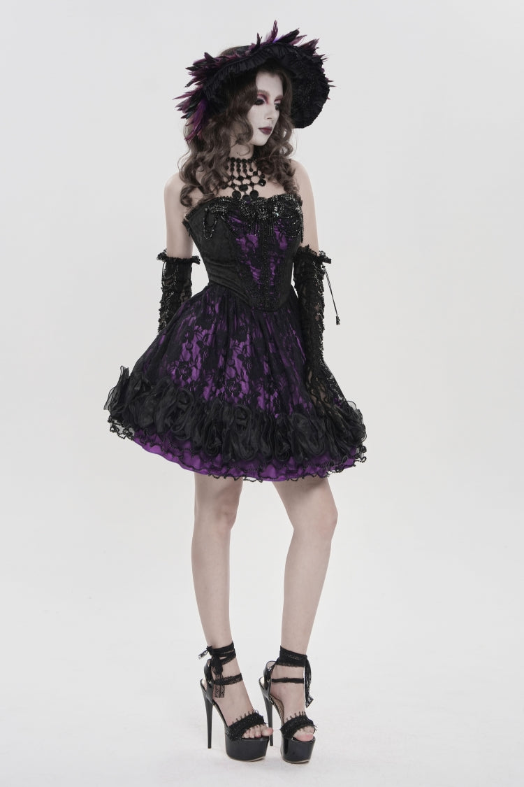 Off Shoulder Double-Layered Printed Cut-Out Lace Lace-Up Gothic Jsk Dress