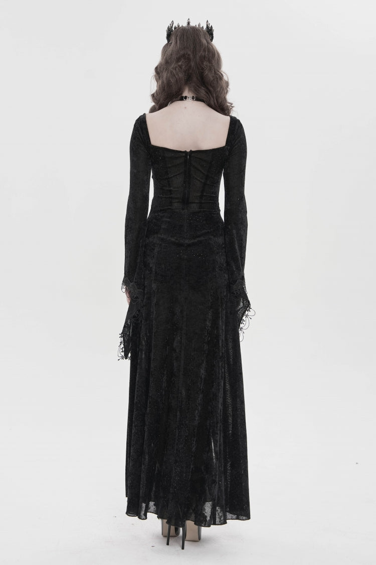 Dramatic Black Hanayome Lace Lace-Up Chain-Decorated Trumpet Sleeve Halter Gothic Plunging Split Maxi Gown