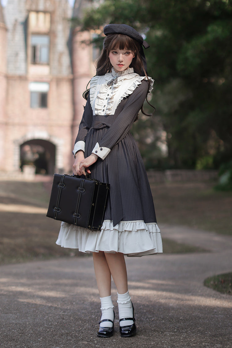 Striped Ruffle Bowknot Long Sleeve College Style Lolita Dress Dark Blue
