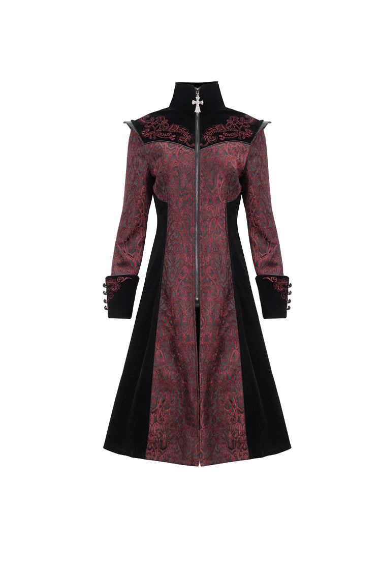 Crimson Studded Jacquard Cross-Embroidered Mushroom Buckle Gothic Jacket