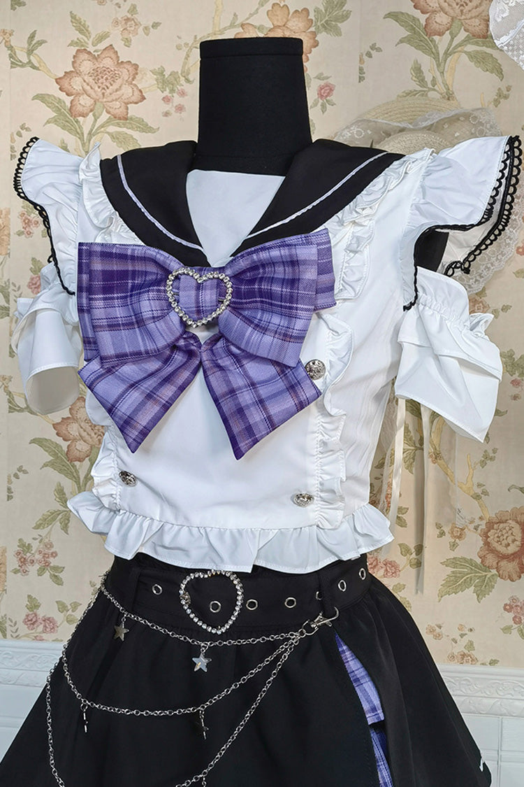 Black and White Bow-Trimmed Short-Sleeve Jirai Skirt Ensemble