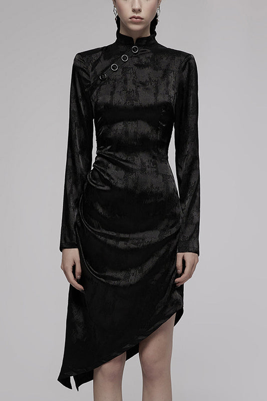 Jacquard Cotton Cheongsam Pointed Hem Drawstring Collar Long Sleeve Punk Dress
