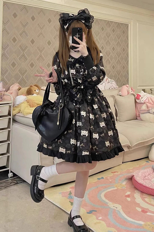 Black Long Sleeve Print Bow Sweet Plus Size College Style Lolita Dress