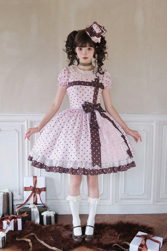 Canelé Gift Box Round Collar Short Sleeves Double-Layered Printed Polka Dot Ruffled Open-Front Bow Asymmetric Sweet Lolita Dress - Pink