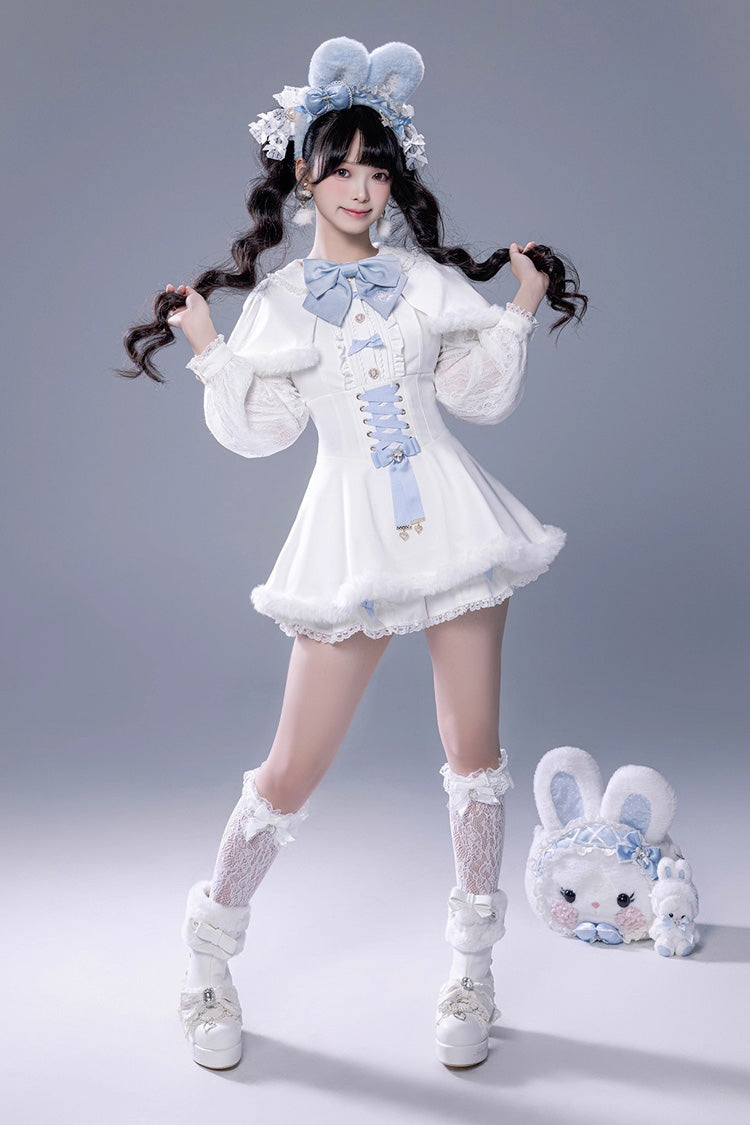 Ivory Ruffled Bow Lace-Up Jirai Dress with Plush Shorts