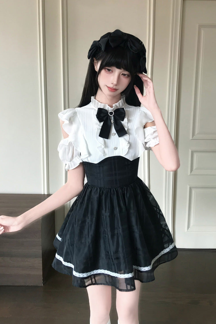 Moonlit Poem Stand Collar Off Shoulder Short Sleeves High Waisted Ruffled Bow Lace Sweet Princess Lolita Dress - Black/White