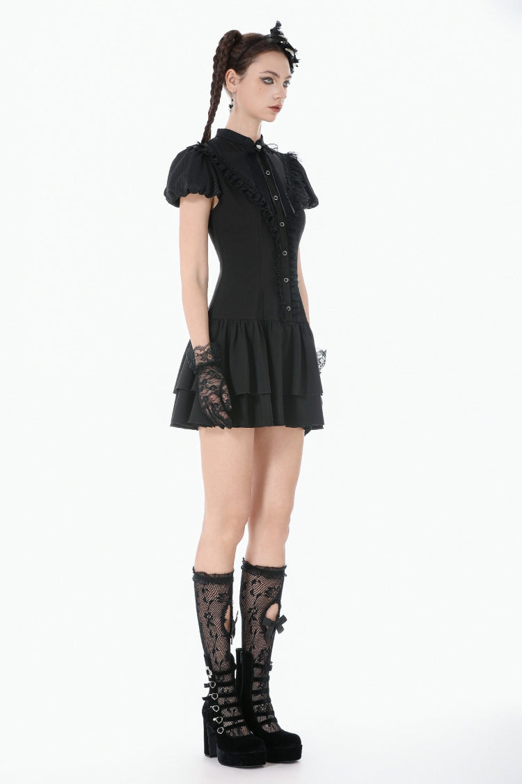 Pleated Bow Lace-Up Short Sleeve Gothic Lolita Dress - Black