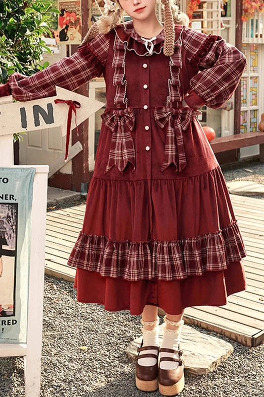 Red Velvet Plaid Printed Bow Christmas Sweet Lolita Dress