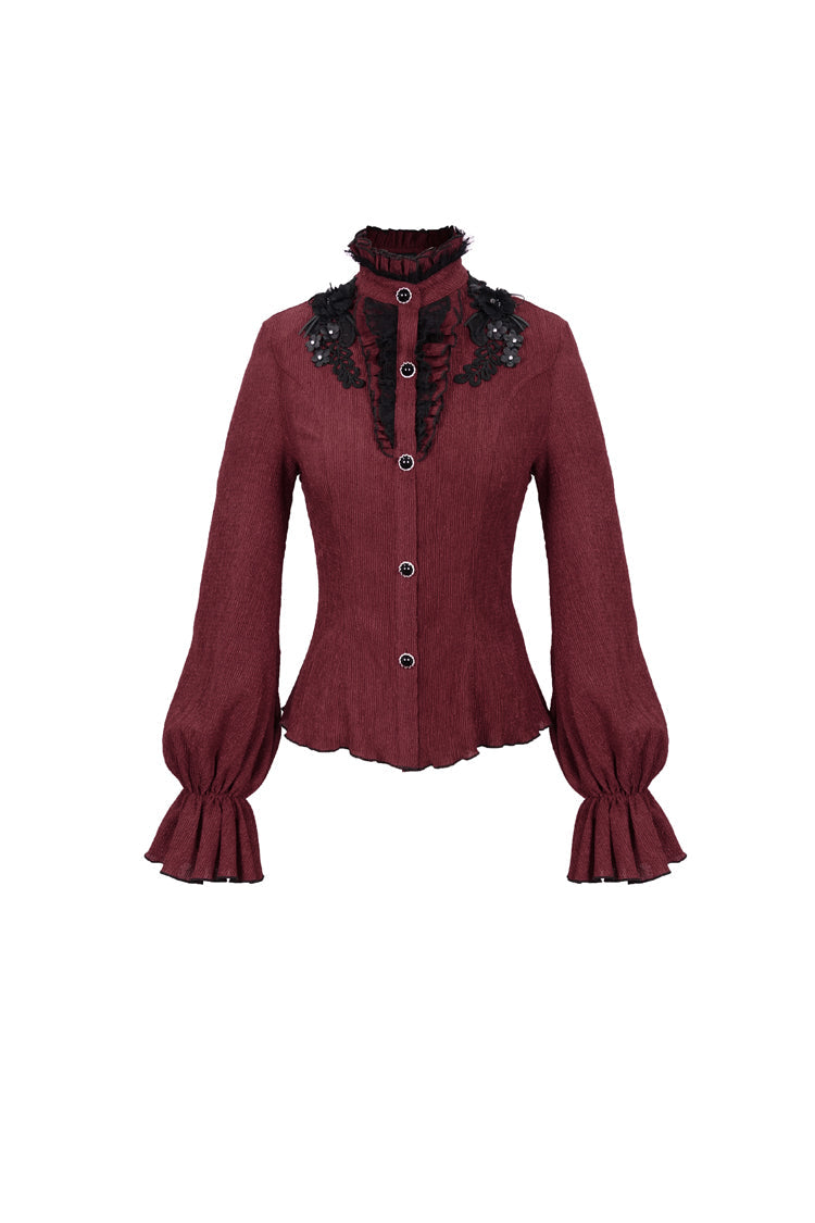 Crimson High Neck 3D Embroidered Lantern Trumpet Gothic Shirt