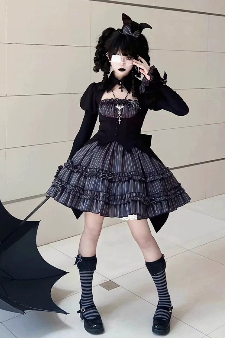 Charcoal Striped Long-Sleeve Ruffled Lace Dress - Duke of the Trap Rabbit