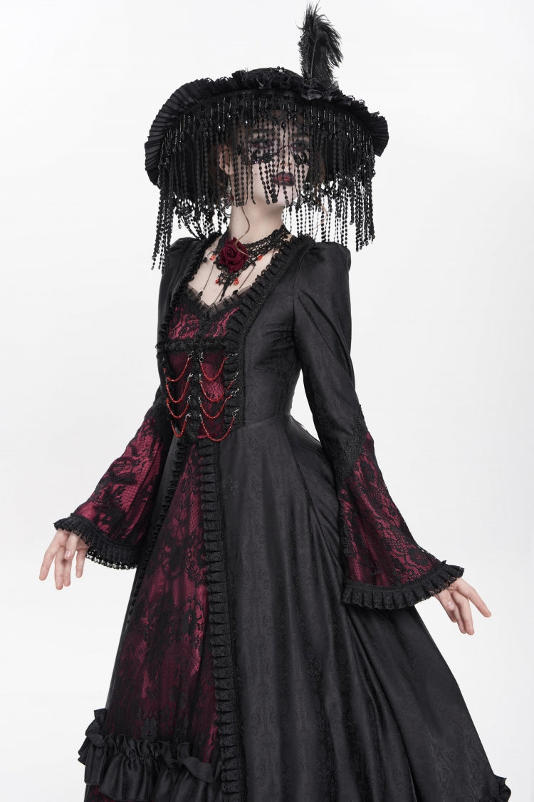 Scarlet Embroidered Lace-Up Pleated Gothic Dress