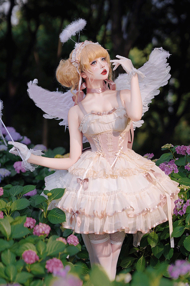 Pink Ballet-Style JSK Dress with Bow and Lace-Up Front