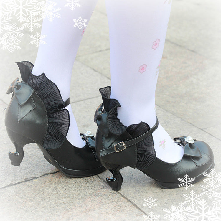 Ribbon-Strap Ruffle PU Girly Lolita Pumps - Multiple Shades