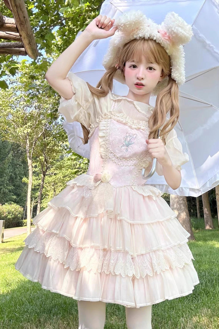 Good Night Tulip Sleeveless Multi-Tiered Ruffled Embroidered Lace Sweet Ballet Lolita Jumper Dress Two Colors