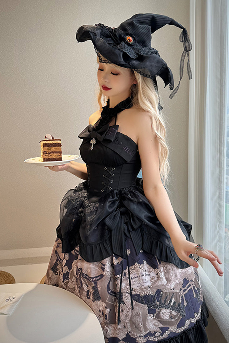 Black The Mystery of The Doll Halterneck Printed Ruffle Bowknot Drawstring Gothic Lolita Dress