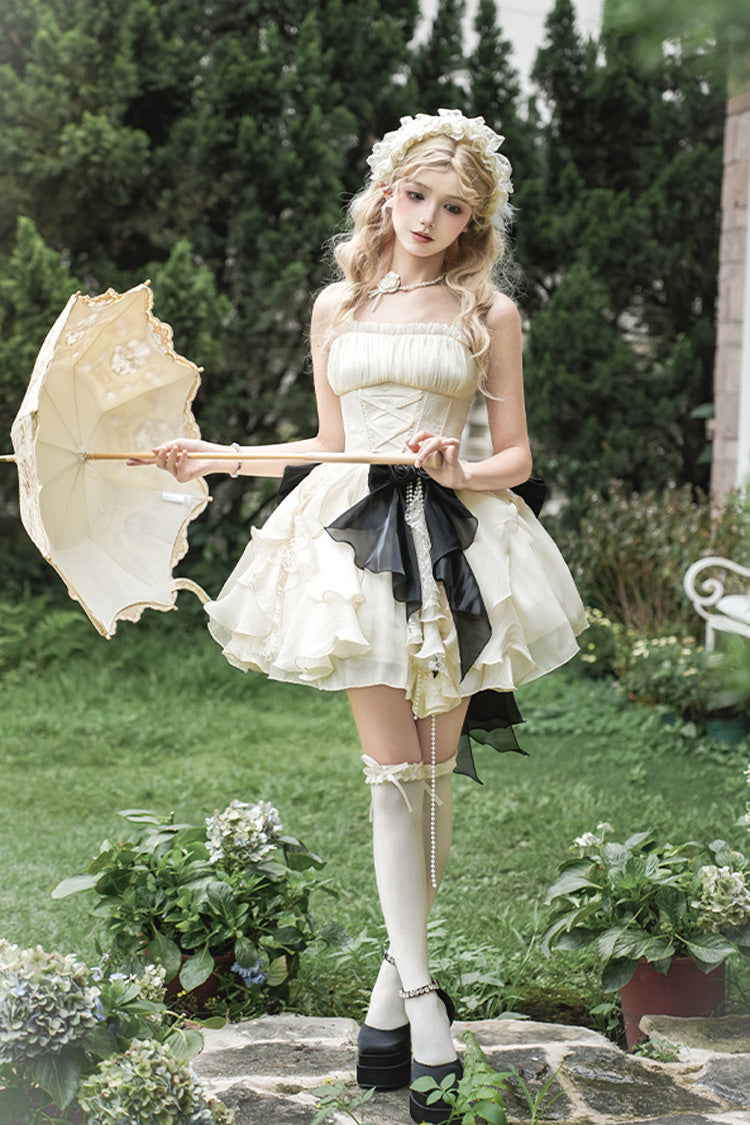 Cream Moonlight Variations Sleeveless Lace-Up Frilled Sweet Lolita Short JSK Dress