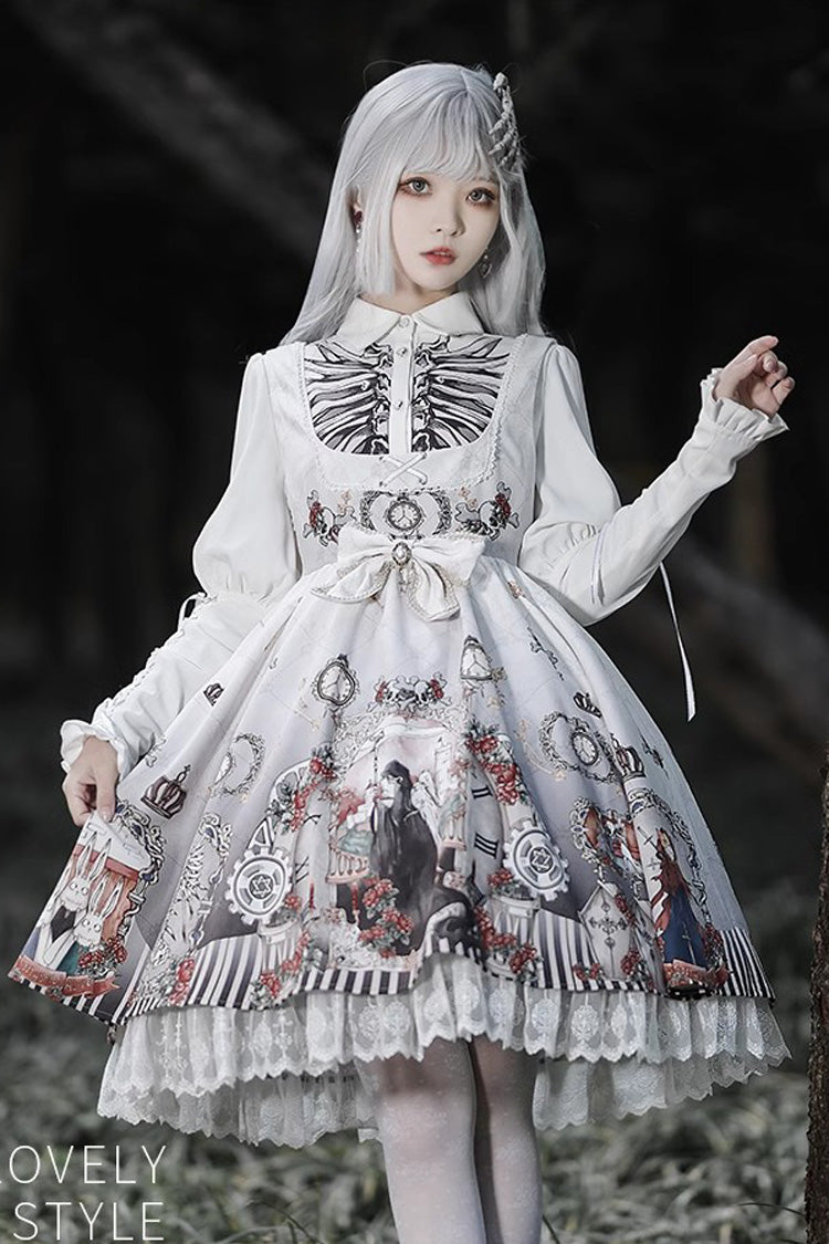 Navy Fairy Tale Print Ruffle Bowknot Gothic Lolita JSK Two-Tone