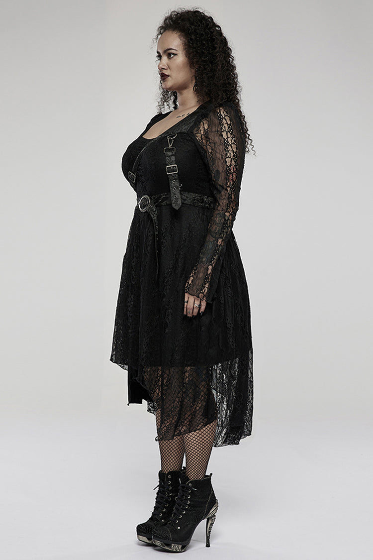 Modal Cotton Lace Patchwork Belted Long Sleeve Gothic Dress