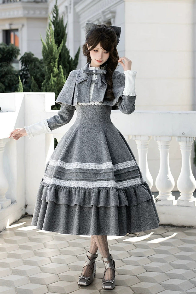 Classic Elegant Lolita Dress with Stand Collar and Ruffled Bow - Grey