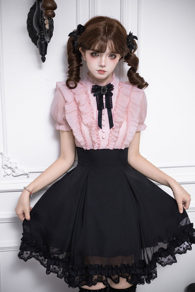 Miss Lola Snow Kiss Stand Collar Short Puff Sleeves Ruffled Color-Blocked Faux Two-Piece Sweet Lolita Dress 3 Colors - Black