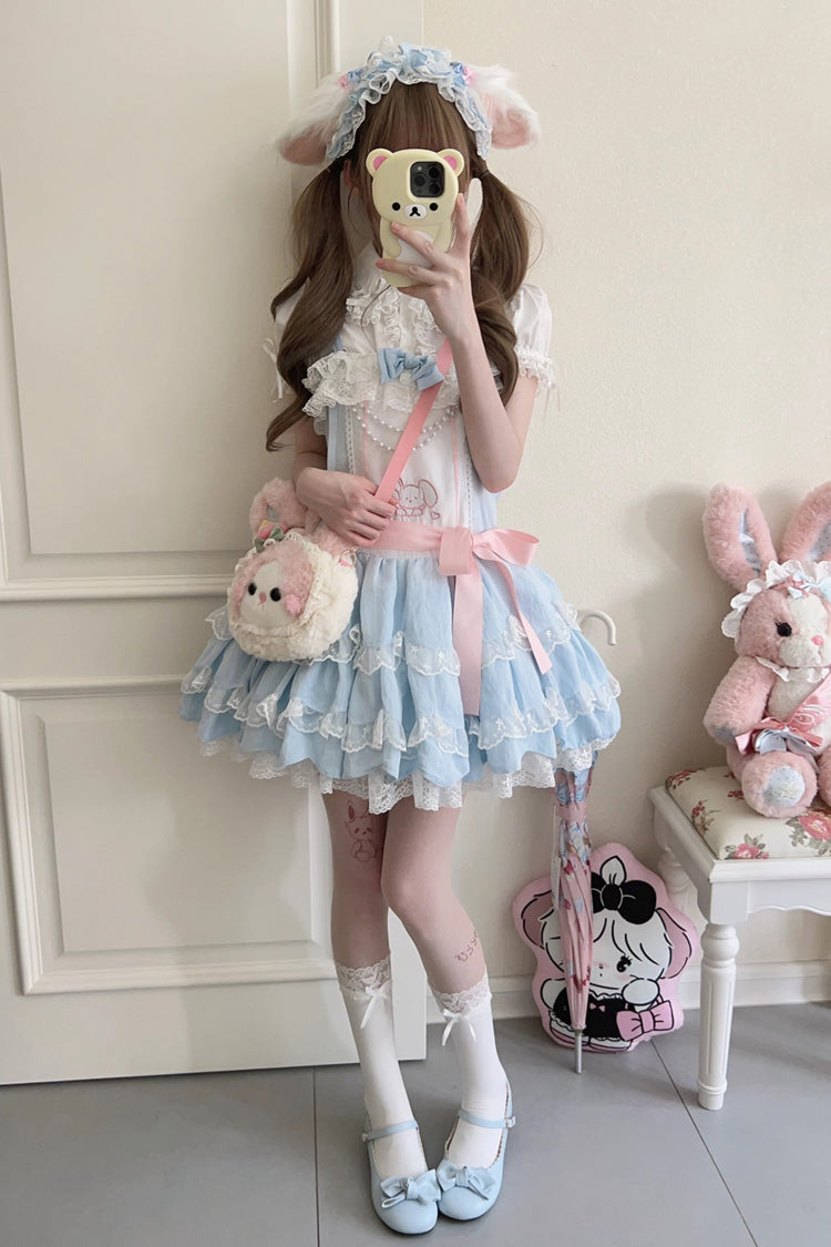 Azure Rabbit-Embroidered Sweet JSK with Double Ruffles