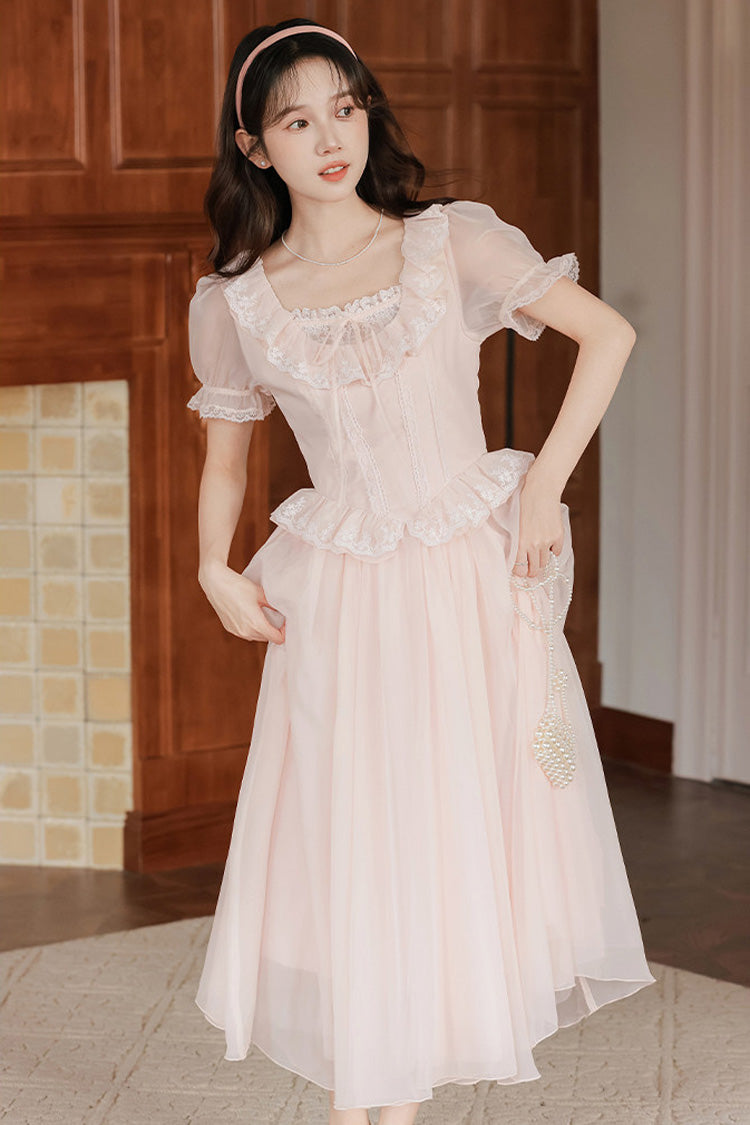 Blush Pink Square-Neck Puffed-Sleeve Embroidered Lace French Sweet Jumper Dress