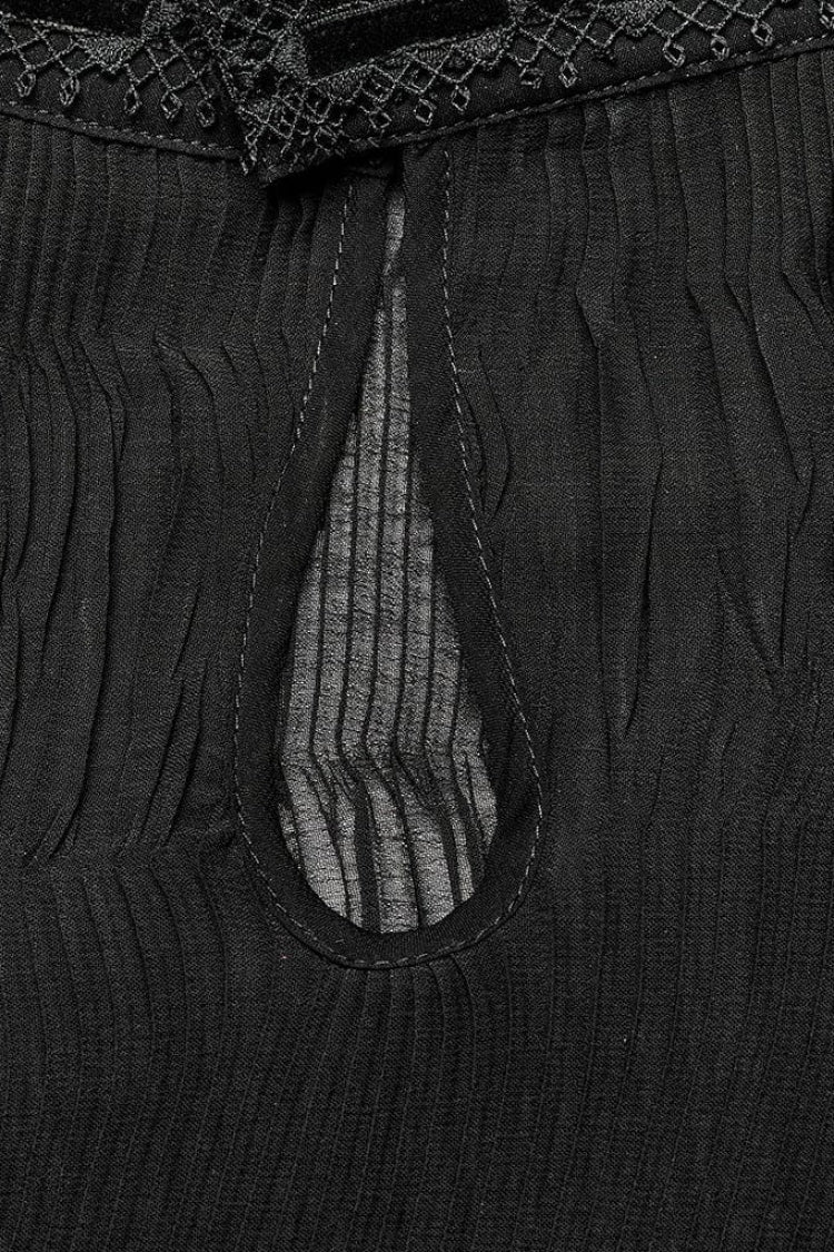 Jet-Black Gothic Blouse with Puffed Sleeves and Delicate Lace