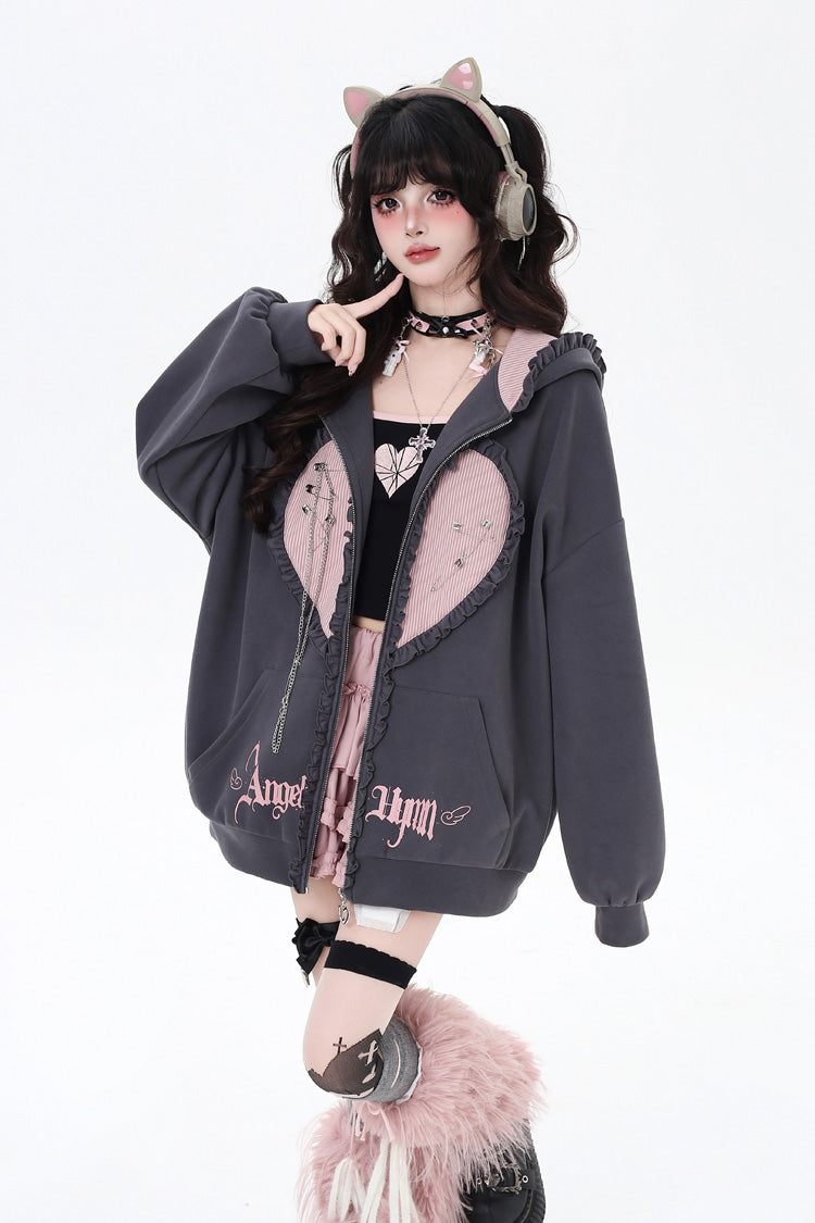 Heart Print Hooded Zipper Coat with Bunny Ears - Striped Bunny Ears