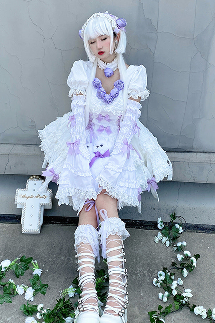 Ivory and Purple Puffed Short Sleeve Princess Gothic Lolita Tiered Dress