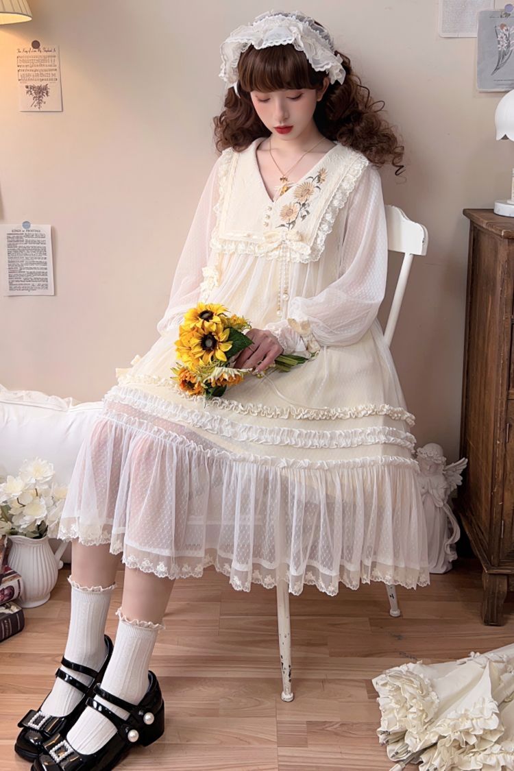 Ivory Sweet Princess Lolita Dress with Lace Embroidery Ruffled Bowknot - Sunflower Diary