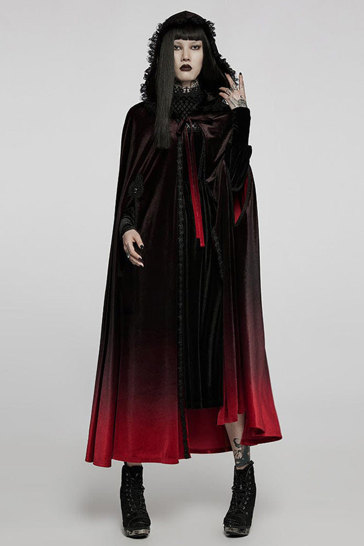 Crimson & Noir Gradient Fantasy Cloak with Wide Sleeves & Hood