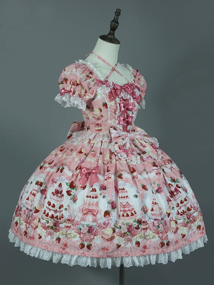 Bow Print Cake Set Sweet Strawberry / Pink Accents Full Lolita Dress