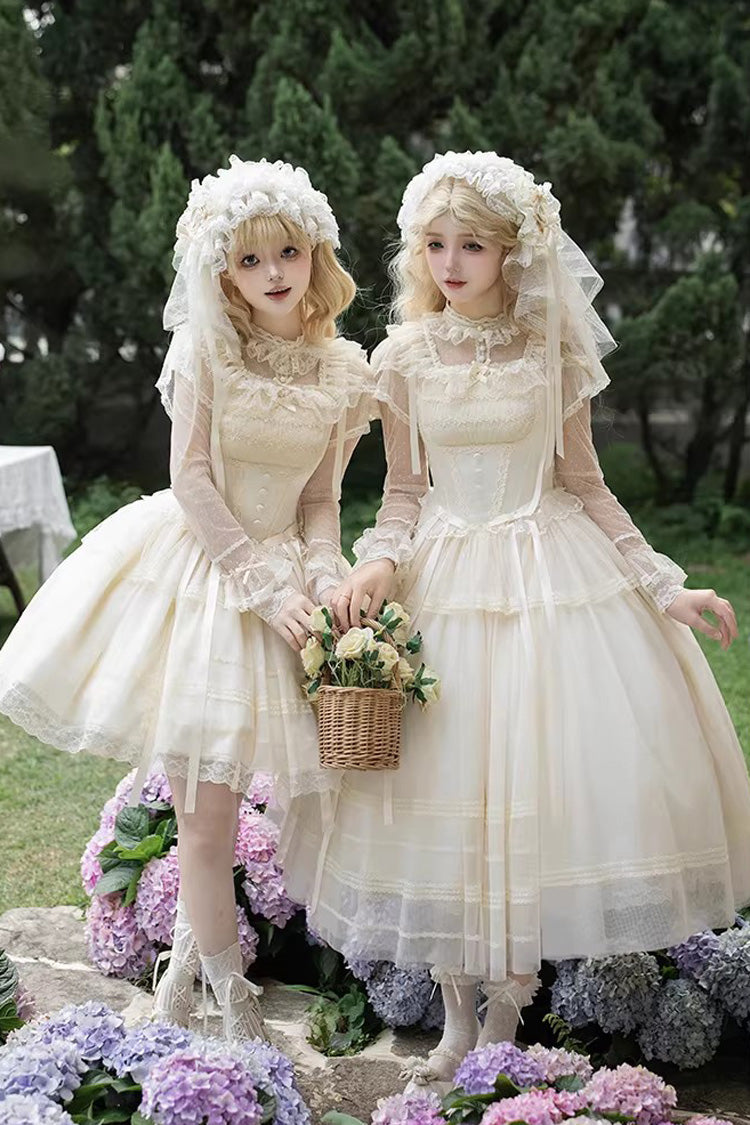 Cream Letters Poems Confession Square Collar Sleeveless Frilled Bow Lace Fishbone Sweet Lolita JSK Dress Two Variants