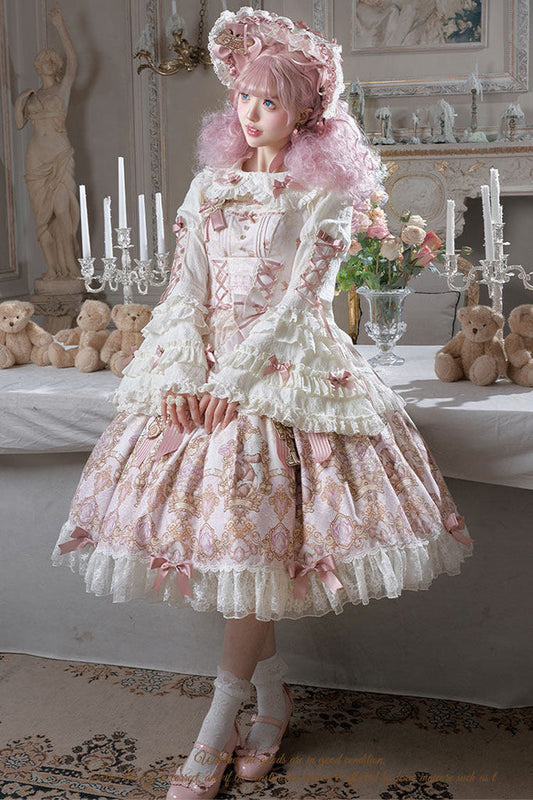 Antique Teddy Bear Sleeveless Printed Bow Lace Sweet Elegant Lolita Jsk Dress - Pink