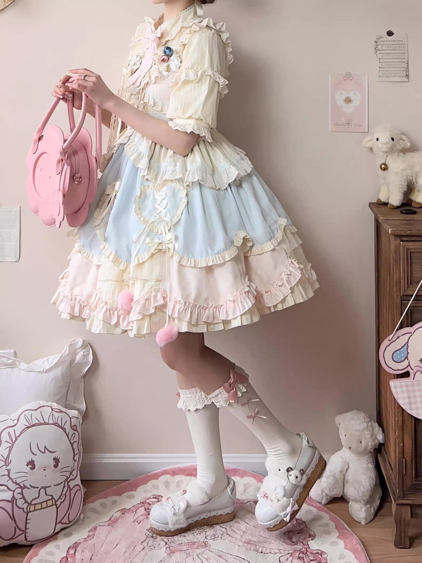 Sleeveless Multi-Layer Ruffle Bow Lace Sweet Lolita Jumper Dress Short - Multi Color