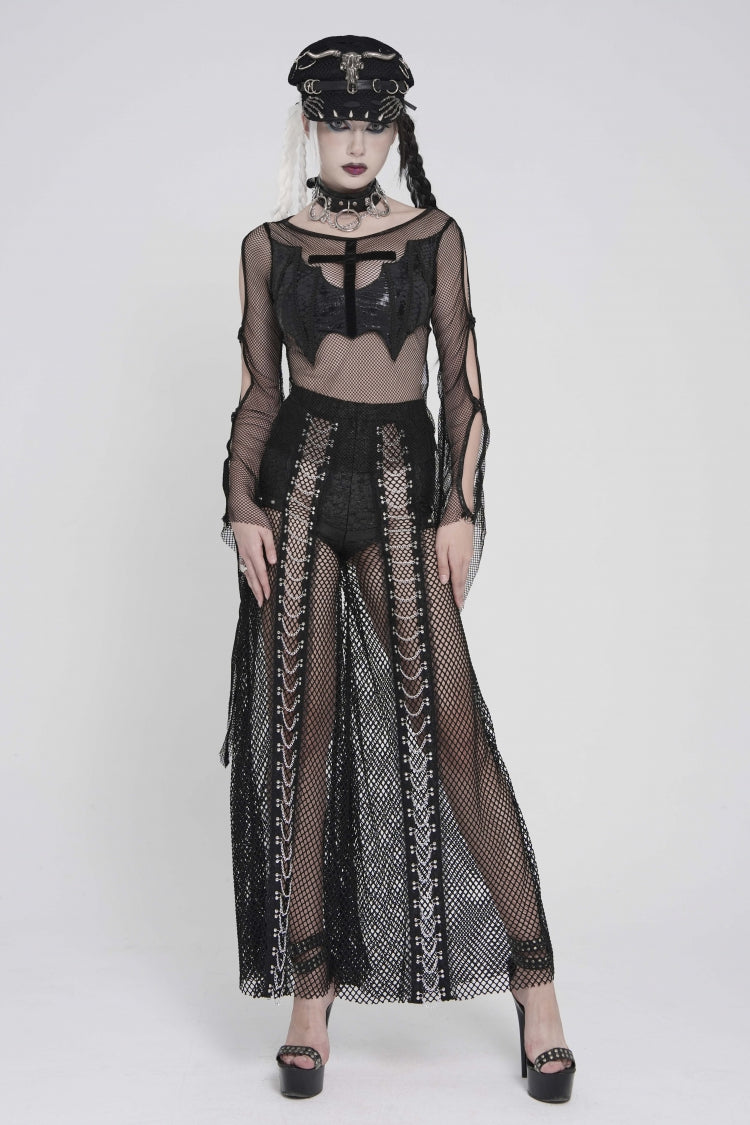 Noir Crewneck Long-Sleeve Sheer Eyelet Punk Bat Cross Mesh Tee for Women