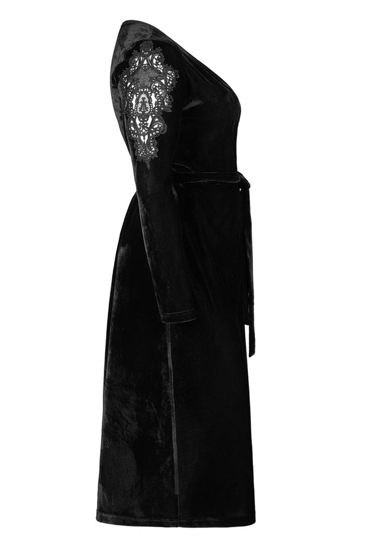 Velvet V-Neck Gothic Dress with Cutout Applique Hem