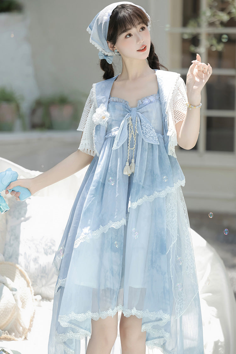 Print Ruffle Embroidery Bow Lace Irregular Lolita Jumper Dress - Blue