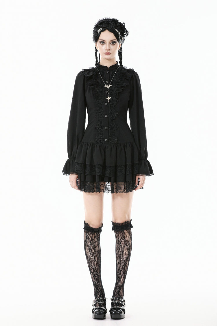 Jet-Black Lace-Up Dress with Bishop Sleeves and Layered Hem