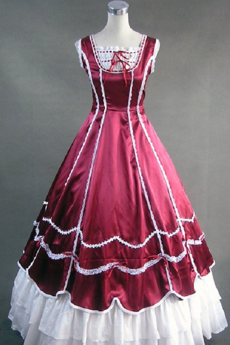 Wine Red Cotton Gothic Lolita Dress Square Collar Sleeveless Pleated - Altfashion Shop