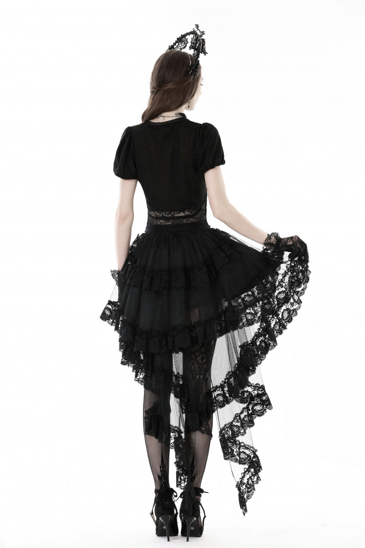 Gothic Swallow Tail Skirt with Irregular Lace Ruffles, Black