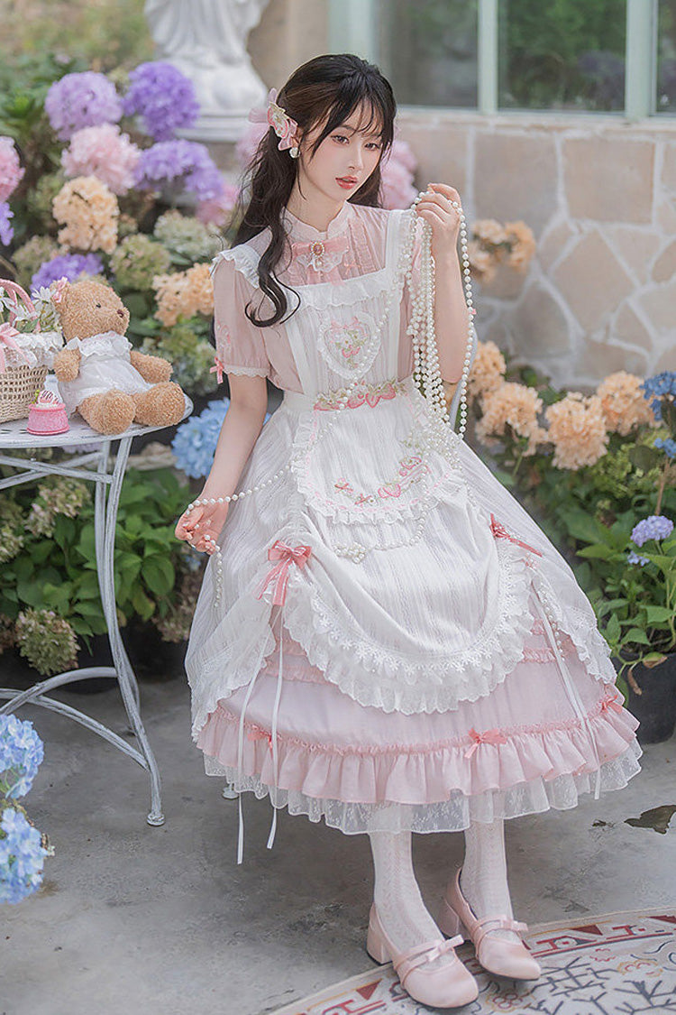 Blush Mandarin Collar Short Sleeve Ruffled Embroidered Lace Sweet Chinese Inspired Lolita Gown