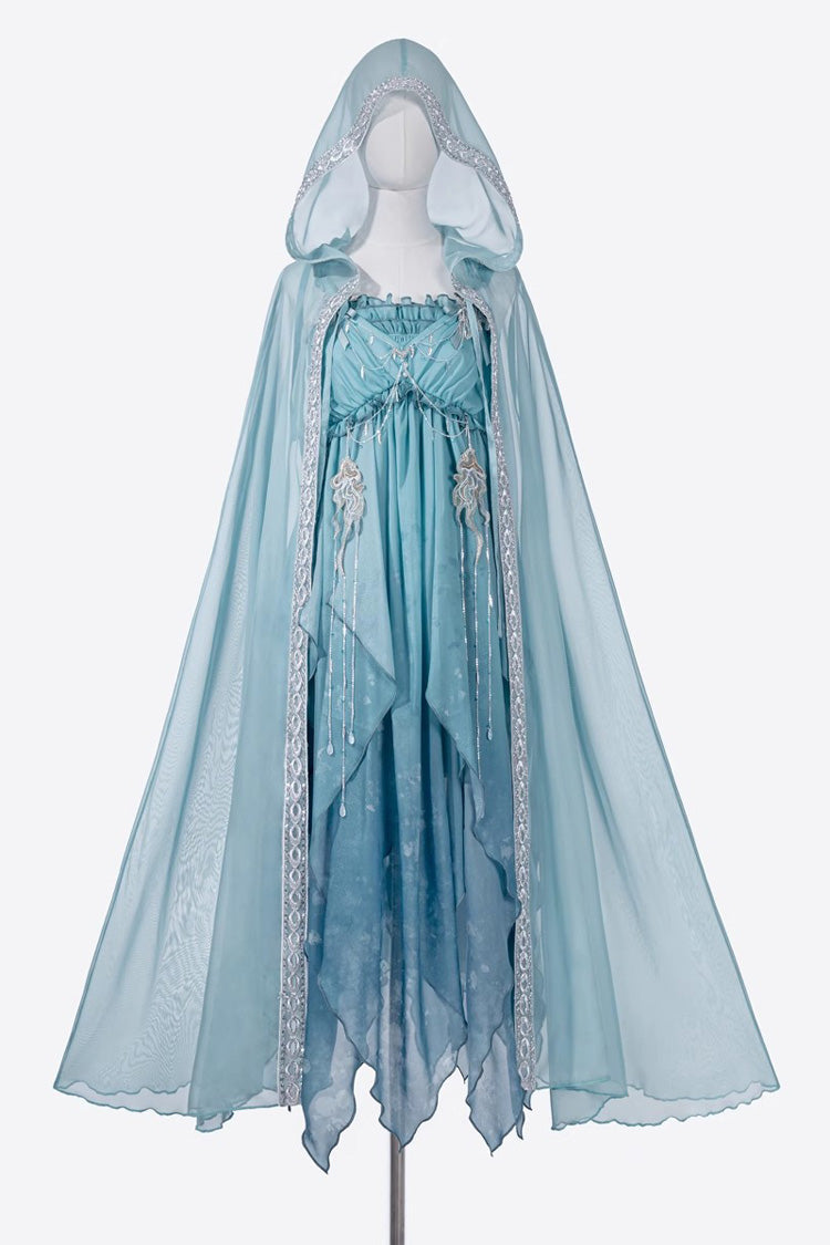 Gradient Print Irregular Hooded Sweet Lolita Jumper Dress Cloak Set - Blue