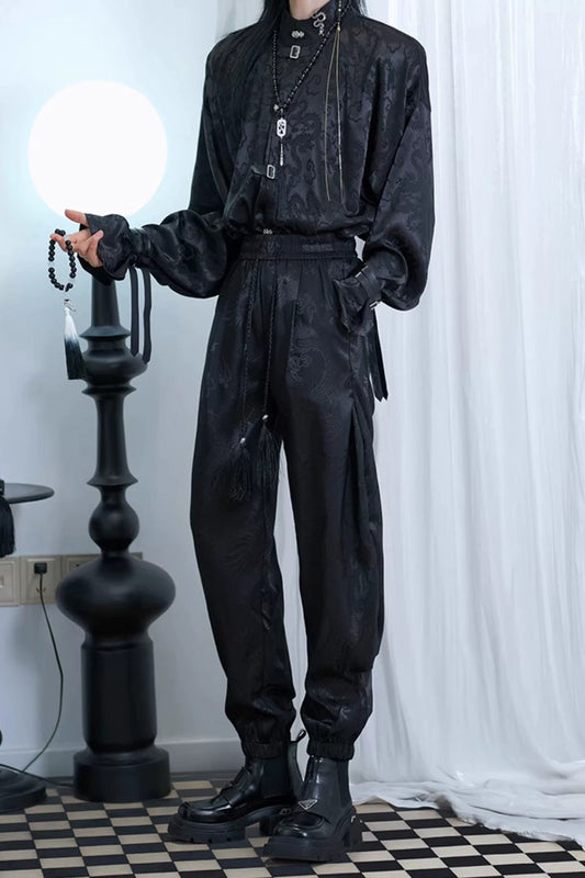 Handsome Lolita Tassel Pants with Dragon Jacquard Print, Ouji Chinese Style