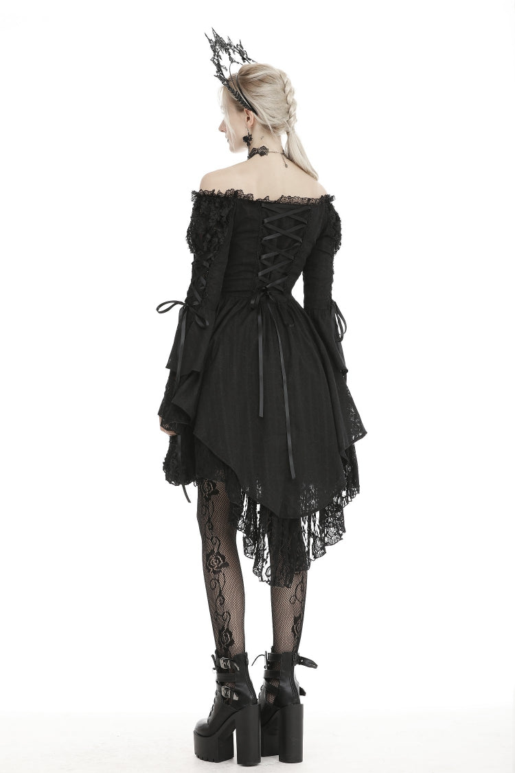 Black Off-Shoulder Trumpet Puff Sleeve Lace-Up Mesh Gothic Cocktail Dress