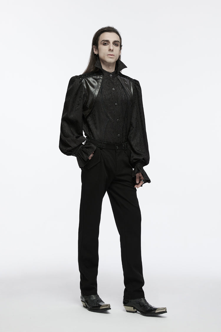 Jet-Black Gothic Blouse with Puffed Sleeves and Lace-Up Front for Men