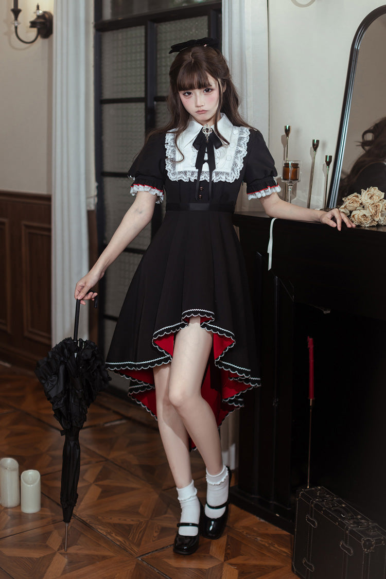 Rosalind Lapel Collar Short-Sleeve Bow Lace Gothic Maid Lolita Dress