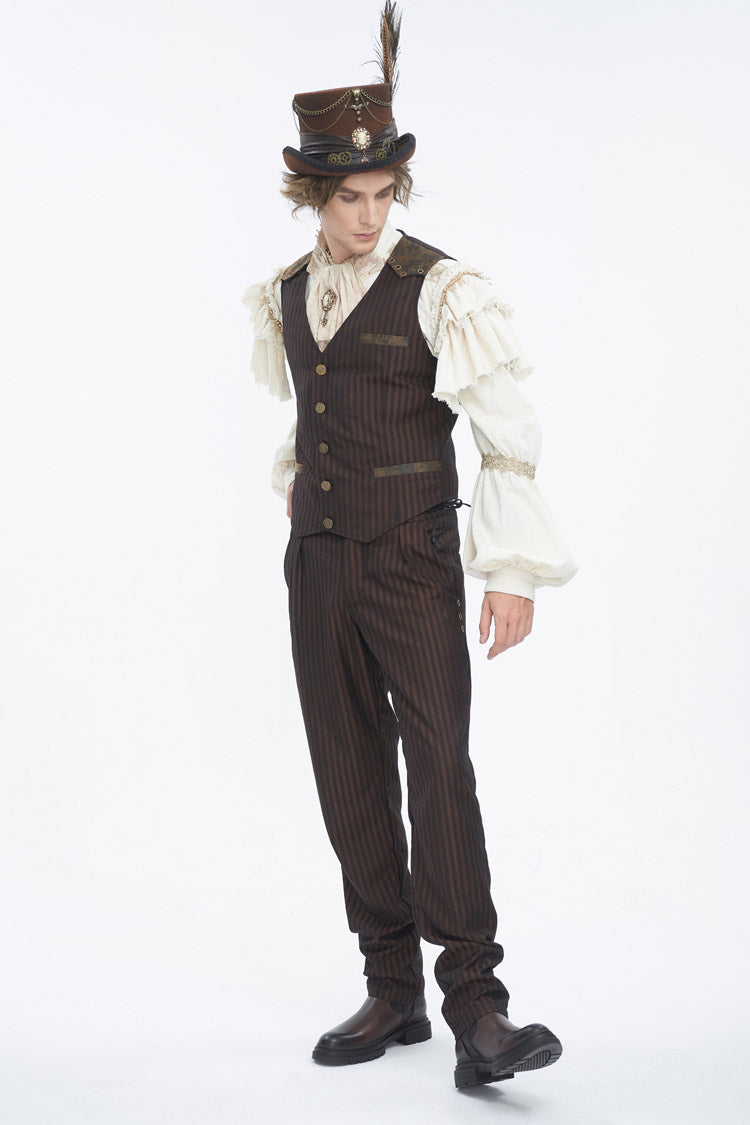 Cocoa Pinstripe Gothic Slim Vest with V-Neck and Stitching