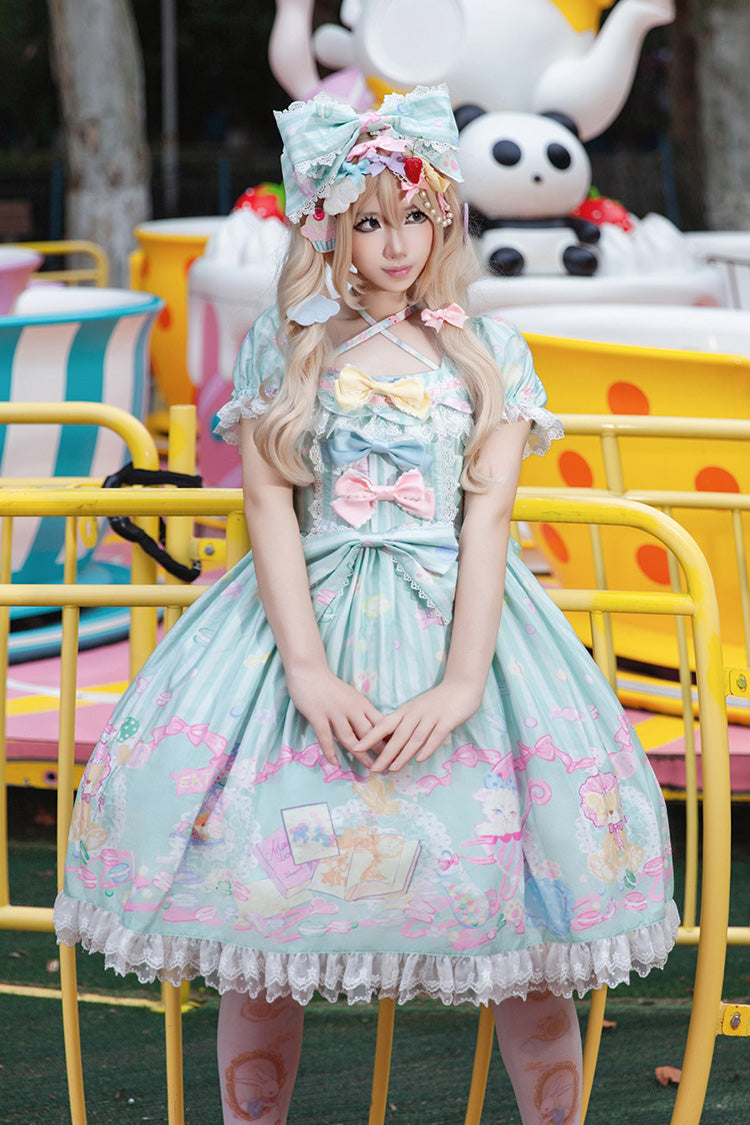 Green Square Collar Lantern Sleeve Sweet Lolita Dress with Bow Print - Macarons Dolly House