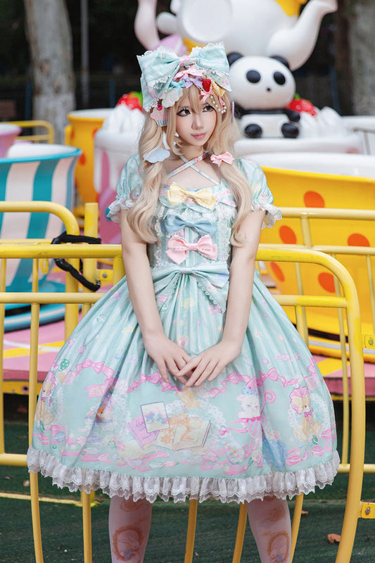 Green Square Collar Lantern Sleeve Sweet Lolita Dress with Bow Print - Macarons Dolly House